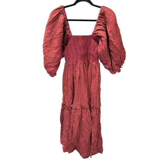 Free People Dahlia Embroidered Maxi Dress XS Rust Coral Smocked Boho Cotton - Picture 9 of 14
